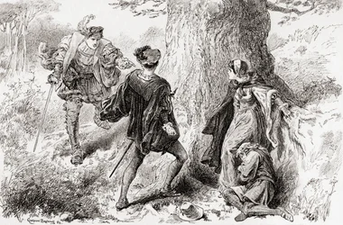 Scène de la pièce de William Shakespeare, Les Deux Gentilshommes de Vérone, Acte V, Scène 4, de Les Œuvres de William Shakespeare, publié en 1896